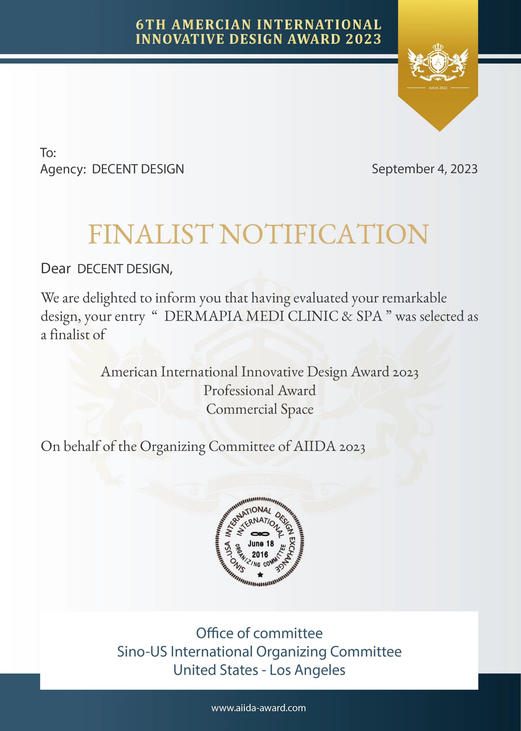 DTD Decent Design award certificate 1